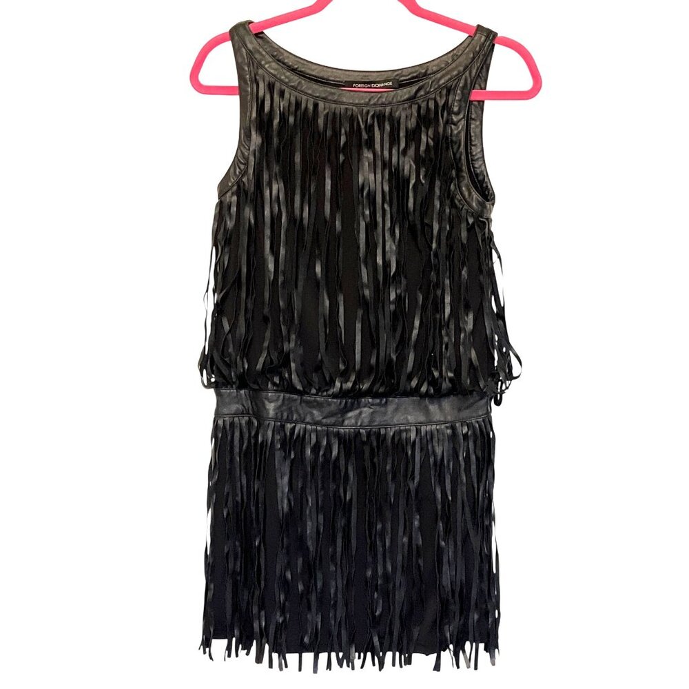 Foreign Exchange Faux Leather Fringe Dress Sleeveless Size S Black Dropped Waist